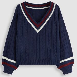 CABLE KNIT V-NECK CONTRASTING BINDING LONG SLEEVE TOP
